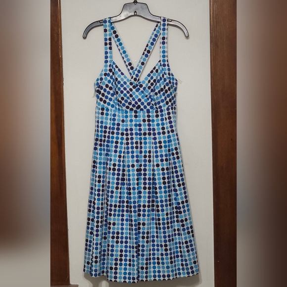 Calvin Klein Blue and White Polka Dot Pleated Fit and Flare Dress Size 12. - Picture 3 of 6